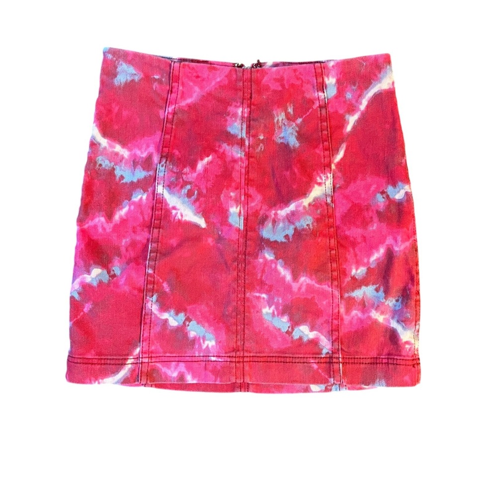 Free People Pink Tie Dye Denim Mini Skirt High Waisted Size 0 Zip Back